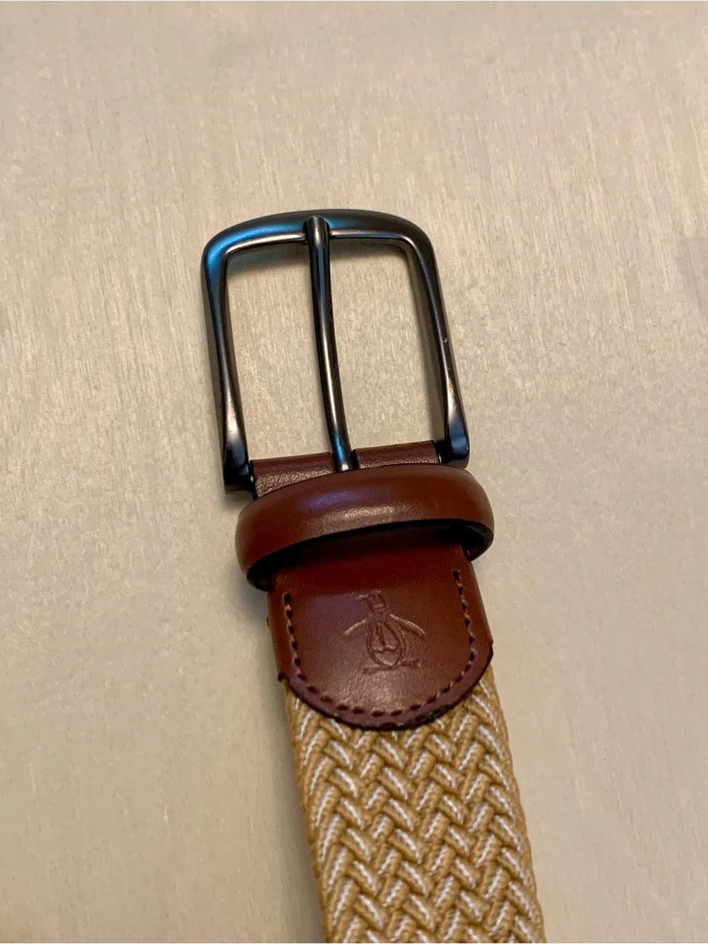 Penguin Braided Tan Stretch Belt with Brown Leather Trim, Size Medium (24-36)